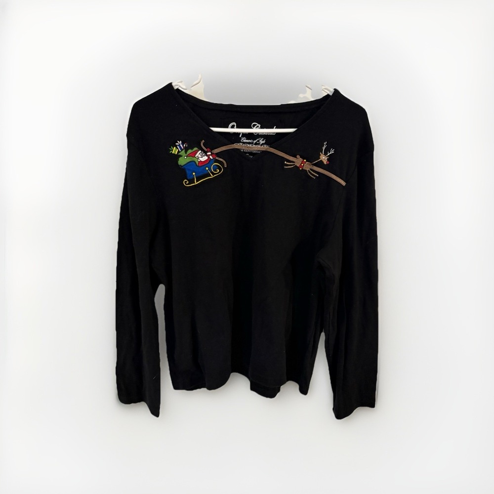 Onque Casuals Christmas Long Sleeve Womans Blouse Top Black Santa Reindeer Xl